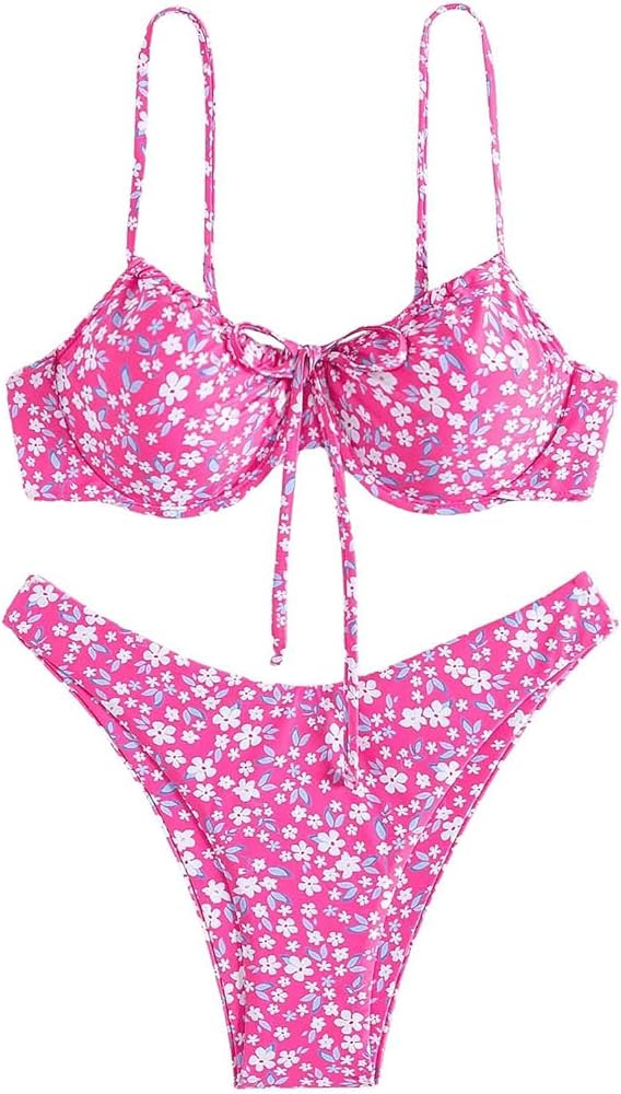 SHENHE Women's 2 Piece Floral Print Knot Back Spaghetti Strap Push Up Bikini Swimsuit Set