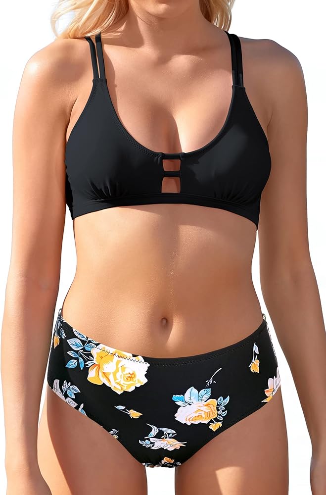 SHEKINI Women High Waist Bikini Cutout Cross Back Bathing Suit Two Piece Swimsuit