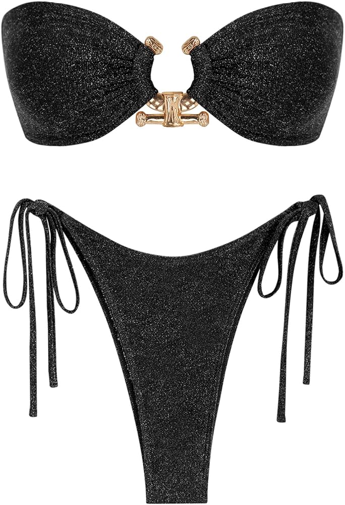 ZAFUL Metal Ring Bandeau Bikini Set Tie Side Bathing Suit High Cut 2 Piece Swimsuit Cutout Swimwear