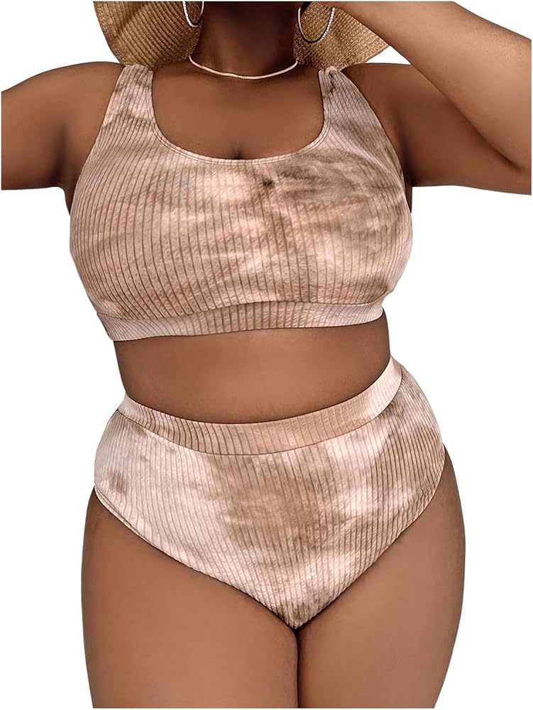 MakeMeChic Women's Plus Size 2 Piece Bathing Suits Tie Dye High Waisted Ribbed Bikini Swimsuits