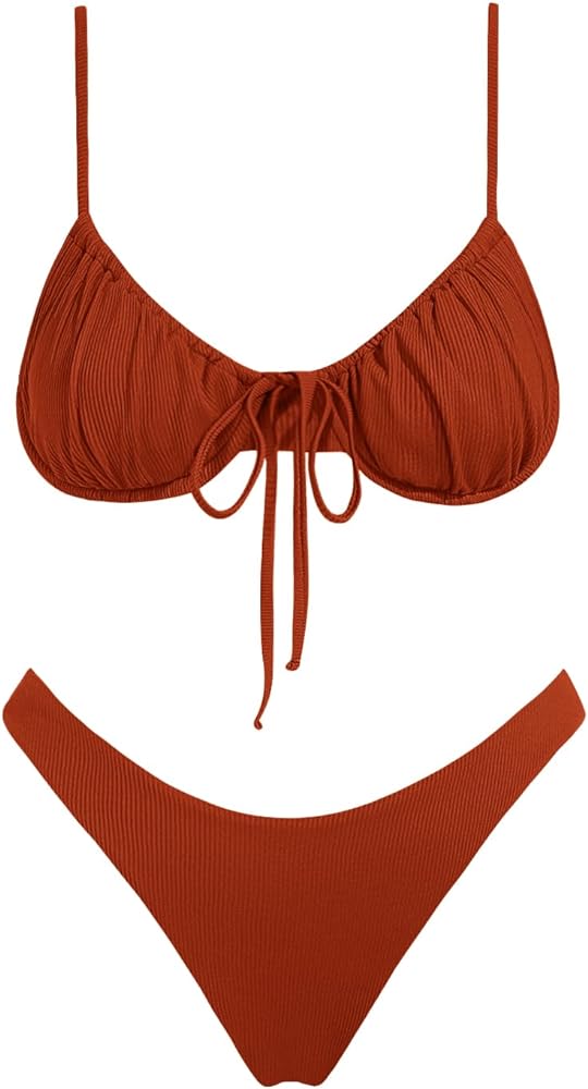 VOLAFA Women's Triangle Bikini Set Swimsuit Print Push Up Elastic Tie String Top Ribbed Two Piece Bathing Suit