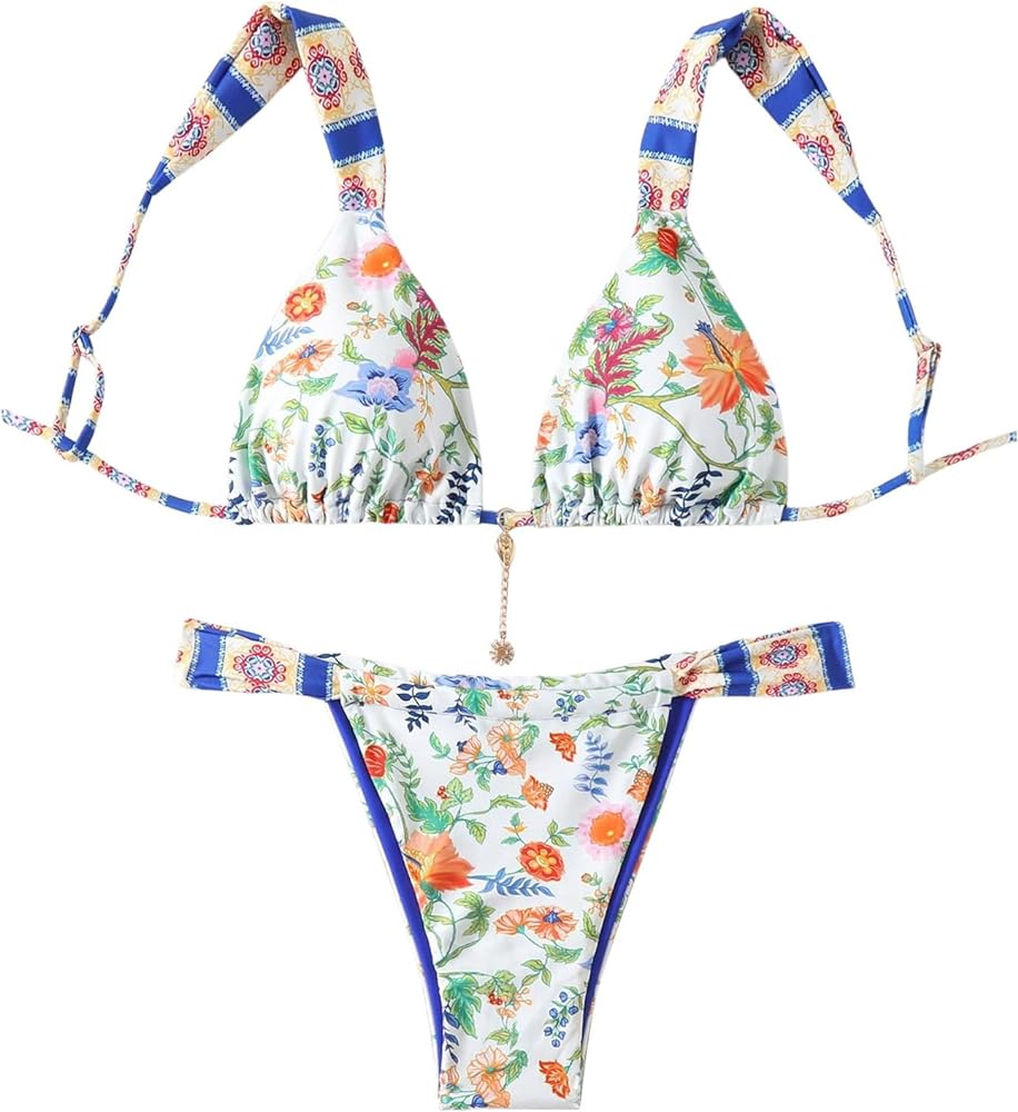 MakeMeChic Women's Floral Print 2 Piece Bikini Sets Tie Back Triangle Thong Bathing Suit Swimsuit