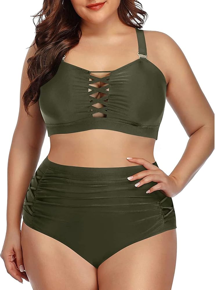 Daci Women Plus Size Two Piece Bikini Swimsuit High Waisted Tummy Control Bottom Bandeau Lace Up Bathing Suit