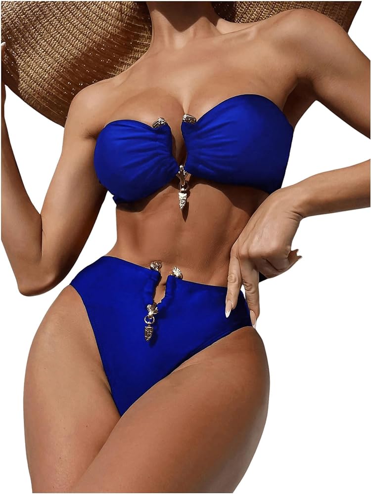 Women's 2 Piece Sexy Metal Ring Bandeau Bikini Set High Wasited Bathing Suit Tube Y2K Swimsuit