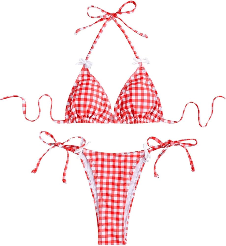 Women's 2 Piece Plaid Print Bow Front Bikini Set Halter Tie Bikini High Cut Triangle Bathing Suit Beachwear Swimsuit