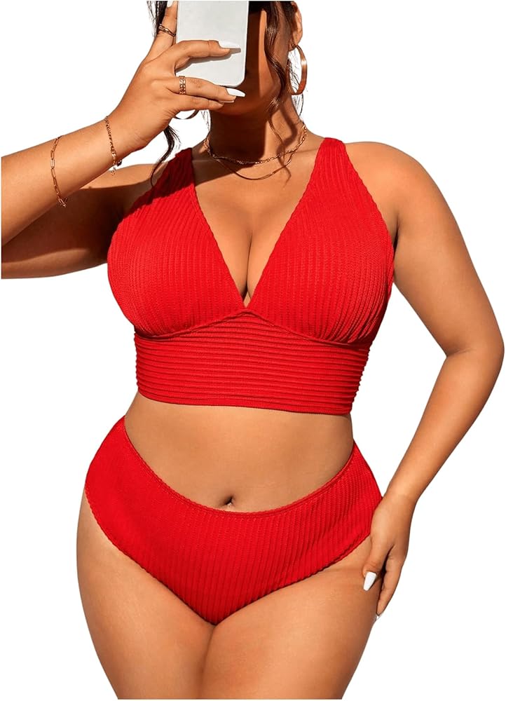 SOLY HUX Women's Plus Size Ribbed Knit Bikini Swimsuit Criss Cross Bra and High Waist Bottom 2 Piece Bathing Suit Swimwear