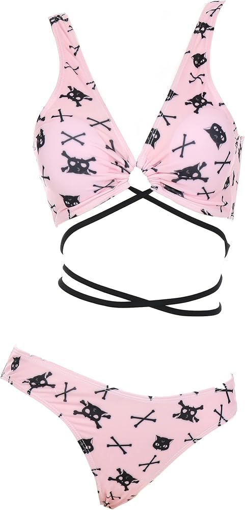 haikyuu Women String Bikini Sets Skeleton Cat Two Piece Swimwear Pink Cute Swimsuits Push Up Bathing Suits