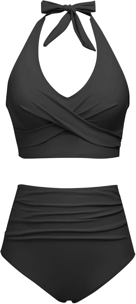 High Waisted Bikini Set for Women Two Piece Tummy Control Swimsuit Halter Push Up Bathing Suits with Twist Front Top