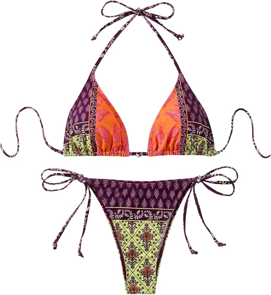 MakeMeChic Women's Printed 2 Piece Swimsuit Halter Triangle Bikini Set Tie Side Thong Bathing Suit