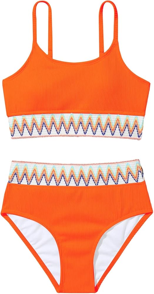 Lilosy Ribbed Contrast High Waisted Tummy Control Bikini Set Spandex Swimsuit 2 Piece