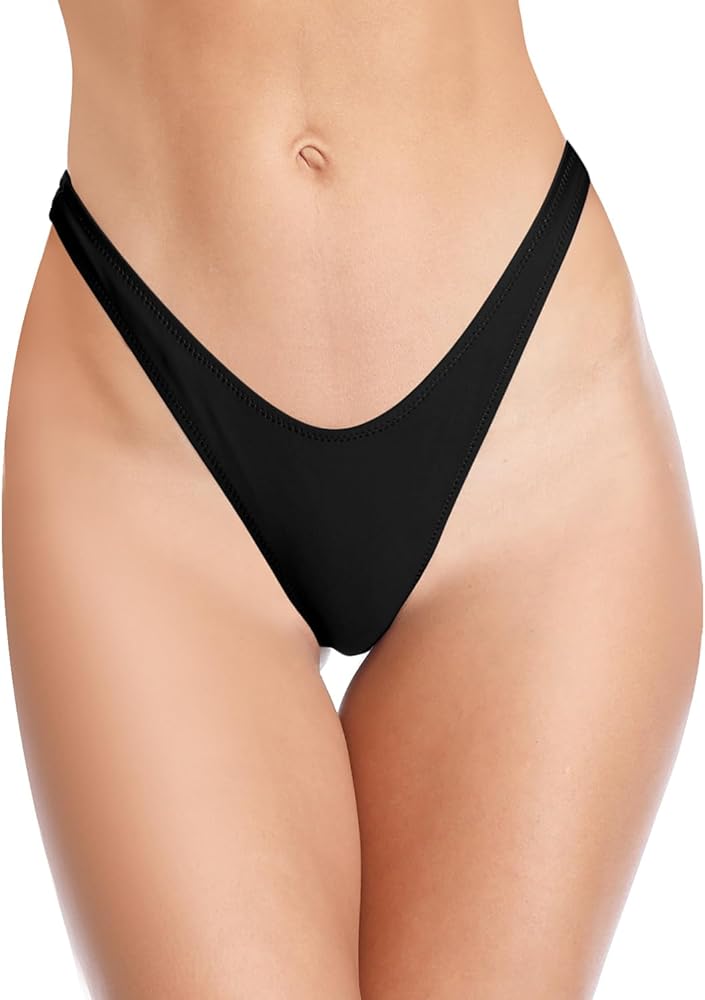 SHEKINI Women's Thong Bikini Bottom High Cut V Cheeky Brazilian Swimsuit Bottom