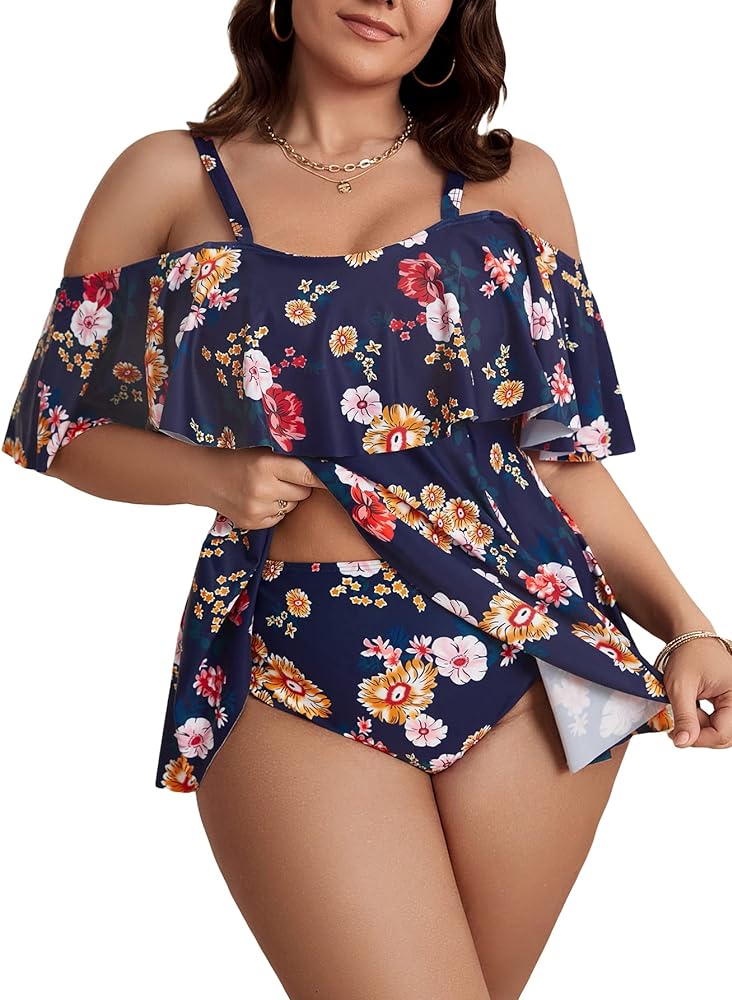 MakeMeChic Women's Plus Size Floral Tankini Swimsuit Off Shoulder Ruffle Trim Swim Top with Bikini Bottom Set