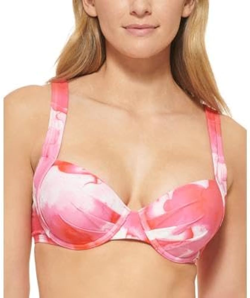 Calvin Klein Women's Pink Printed Pleated Underwire Convertible Bikini Bra Top (L, Pink)