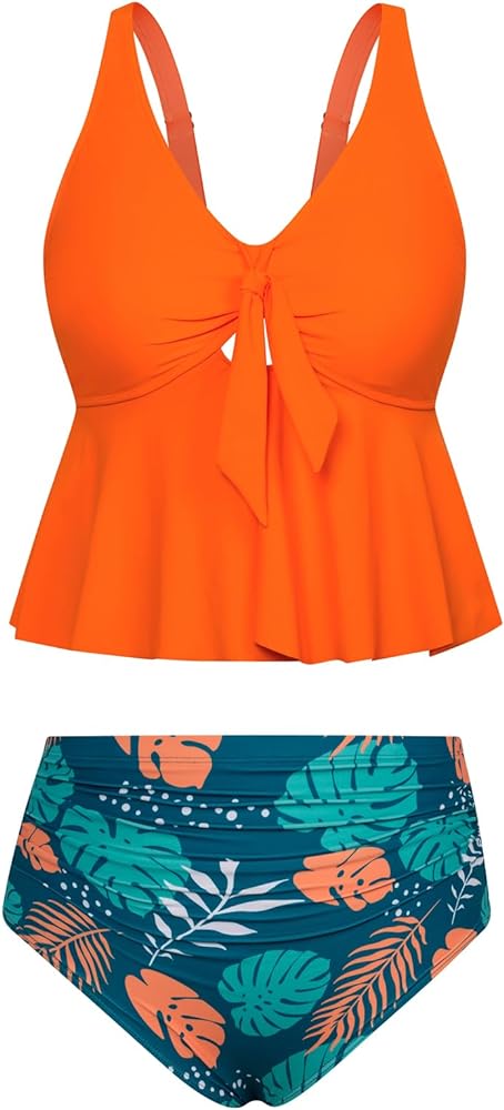 Hanna Nikole Women Plus Size 2 Piece V Neck Tie Tankini Swimsuit with Tummy Control Bikini Bottoms Bathing Suits