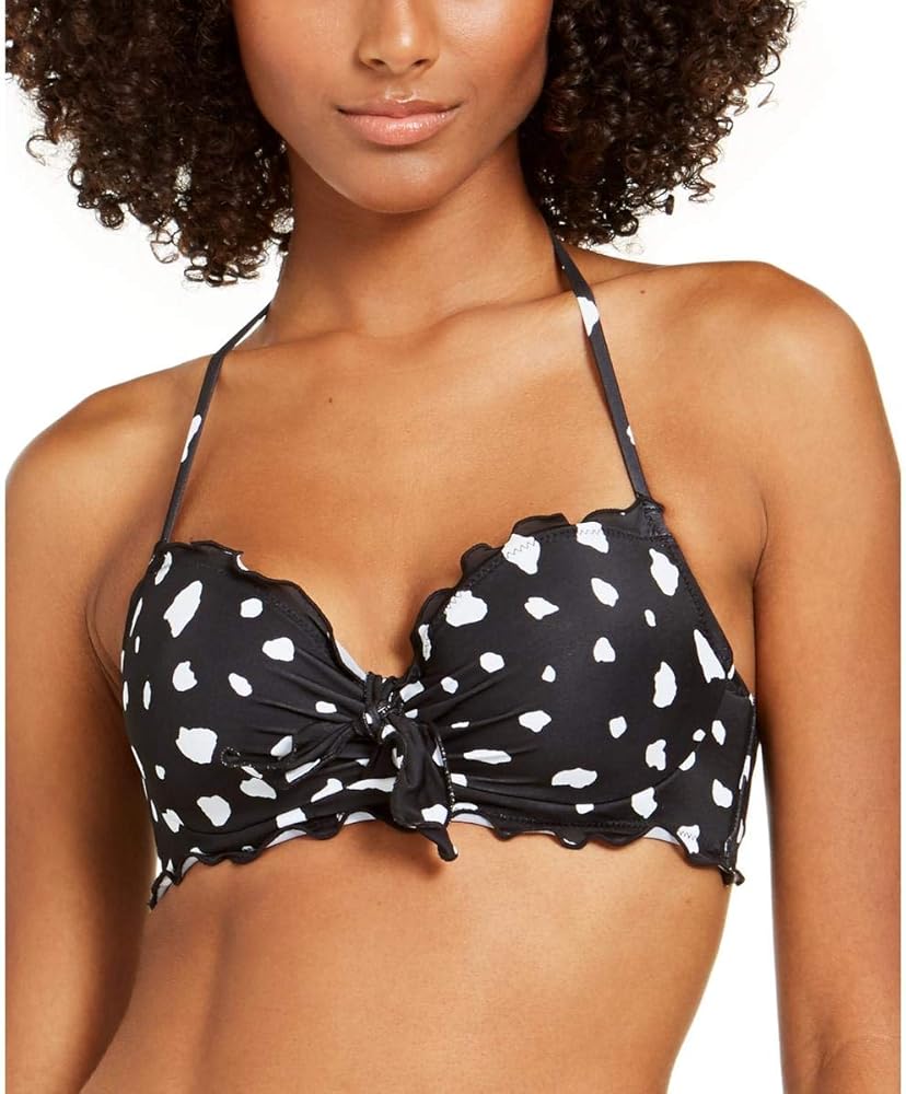 Women's Cow Print Ava Bra Sized Ruffle Underwire Bikini Swim Top (Black/White, 36D)