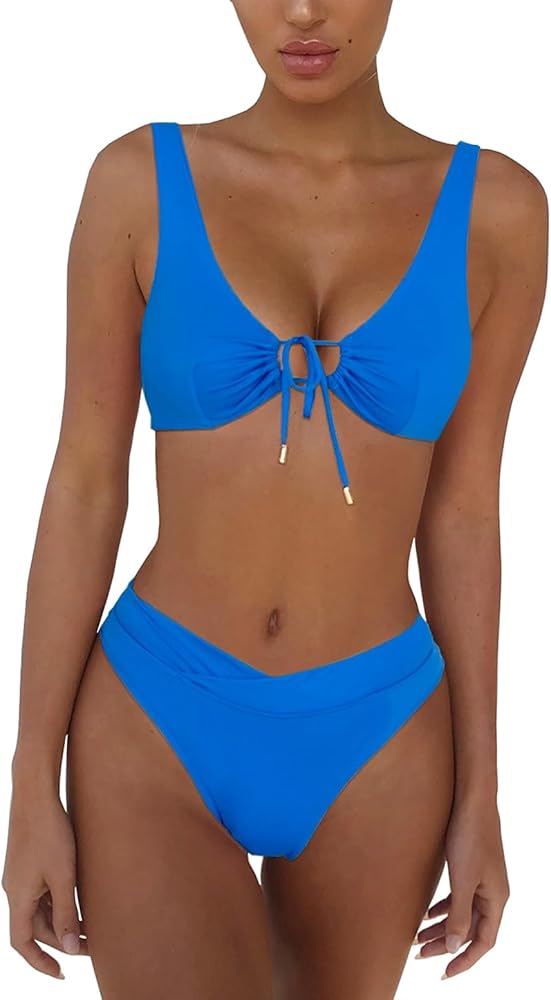 Bikini Sets for Women Sexy Tie Front High Waisted V Crossover Tummy Control Swimsuits 2 Piece