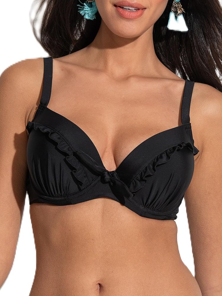 Pour Moi Bermuda Padded Frill Underwire Bikini Top 36DD, Black