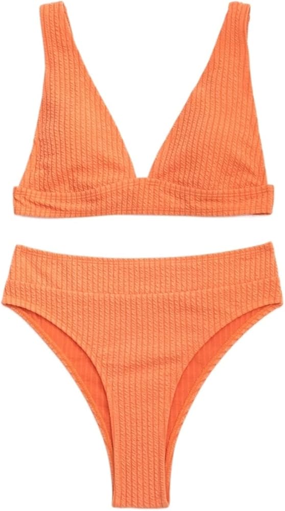 Women Bikini Sets Plain Textured High Waisted Bikini Swimsuit