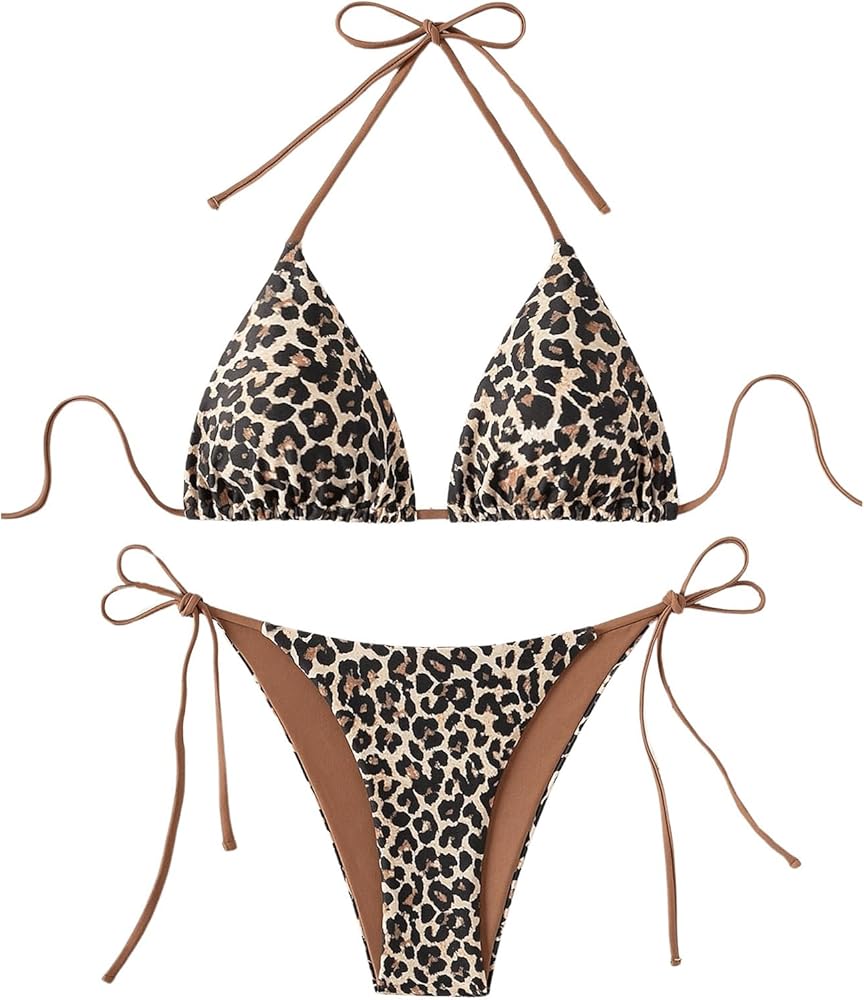 SOLY HUX Women's Leopard Print Bikini Sets Halter Triangle Tie Side Two Piece Swimsuit Bathing Suits