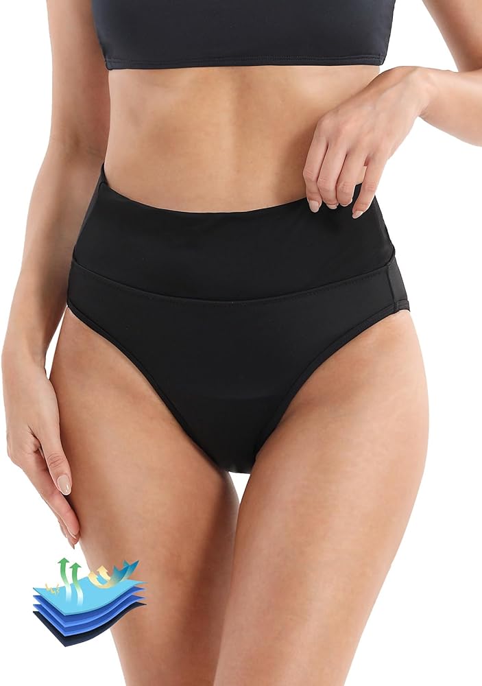 Period Swimwear-Menstrual Swimsuit Bikini Bottoms-Black High Waisted Leakproof Swim Bottoms for Girls and Women