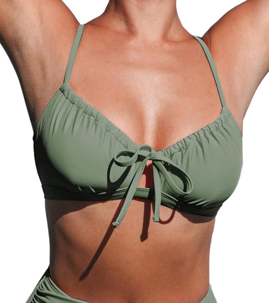 CUPSHE Women's Bikini Top Bathing Suit Scoop Neck Crisscross Back Self Tie Adjustable Straps