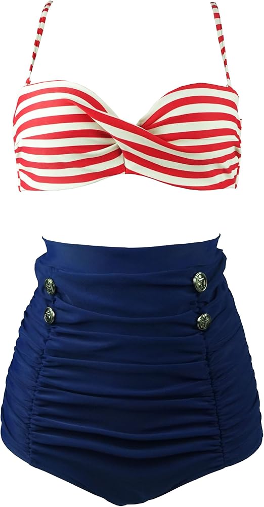 COCOSHIP Retro Polka Dot Twisted Front High Waisted Bikini Set Tie Belt Vintage Ruched Swimsuit(FBA)