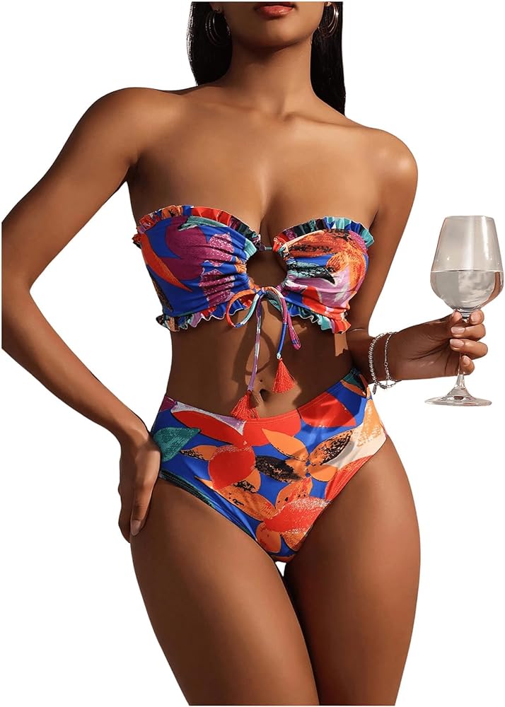 GORGLITTER Women's Strapless Swimsuits Graphic Frill Trim Tie Front High Waisted Bikini Sets