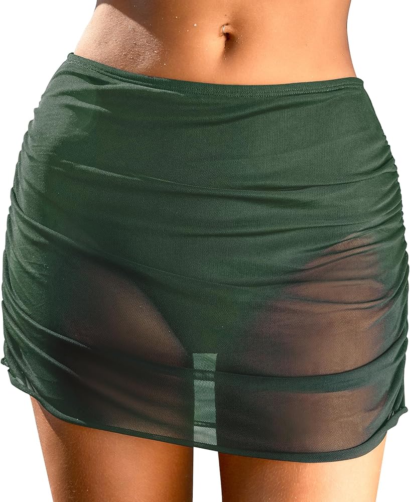 CUPSHE Women's Bikini Bottom Swim Skirt Mesh Mid Rise Full Coverage Ruched Bathing Suit