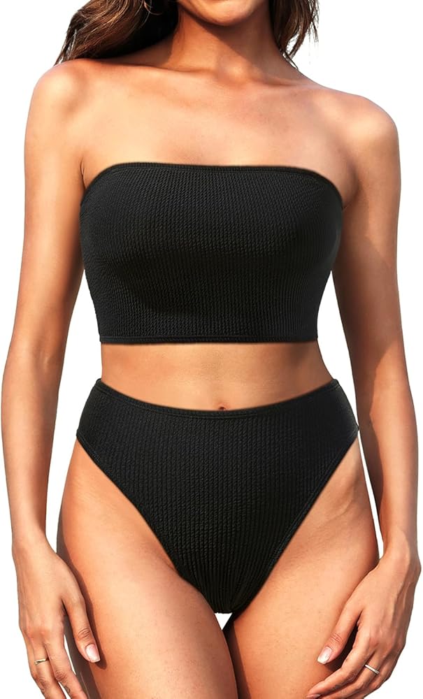 Holipick Women Two Piece High Waisted Bikini Sets Tummy Control Strapless Swimsuit Ribbed Crop top with Cheeky Bottom