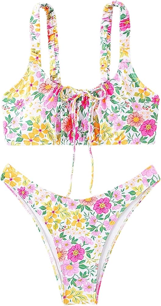 MakeMeChic Women's High Cut Bikini Sets Floral Swimsuit 2 Piece Bathing Suit