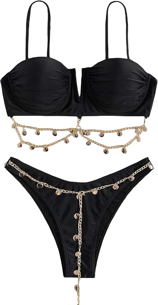 Milumia Women's 2 Piece Chain Linked Push Up Bikini Set Spaghetti Strap Stretchy Swimsuit