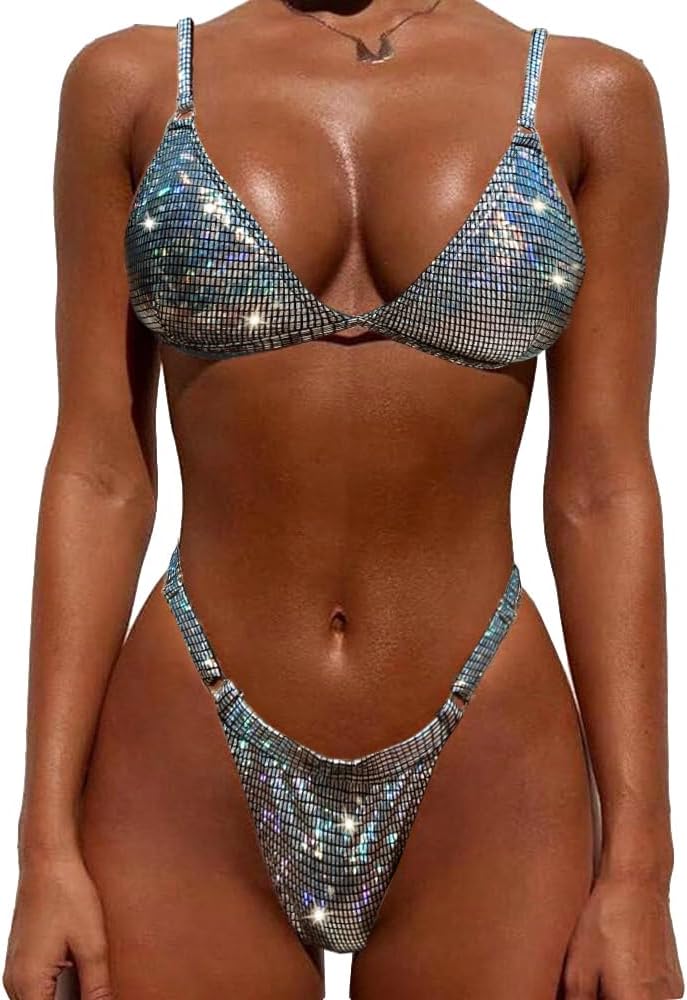 YAUASOPA Women Shiny Bikini Micro Sexy String Two Pieces Swimsuit Female Thong Swimwear