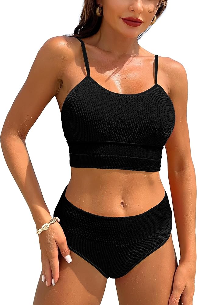 TASHEHE Women's High Waisted Bikini Set Sporty Two Piece Swimsuit Color Block Tummy Control High Cut Bathing Suit