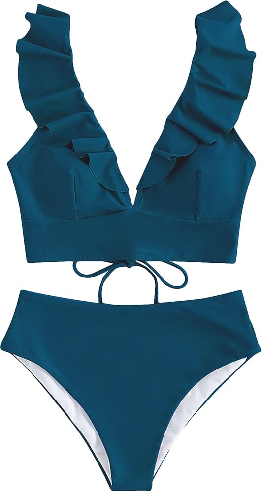 MakeMeChic Women's Ruffle High Waisted Swimsuit 2 Piece Bikini Sets V Neck Lace Up Bathing Suit