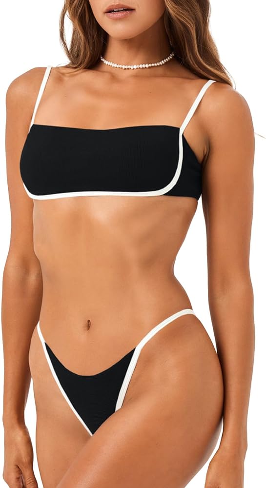 Saodimallsu Womens Bikini Sets Sexy Two Piece Bandeau String Top Thong Bottom Color Block Swimsuits Bathing Suit