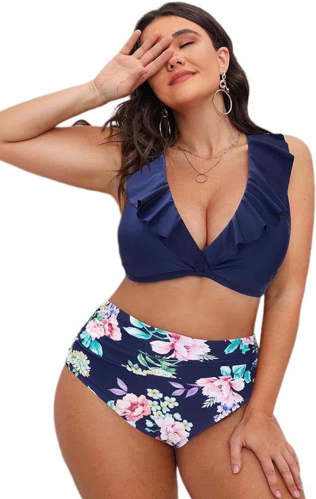 CUPSHE Women Swimsuit Plus Size Bikini Set High Waisted Ruffled Front Self Tie Back Ruched Bathing Suit