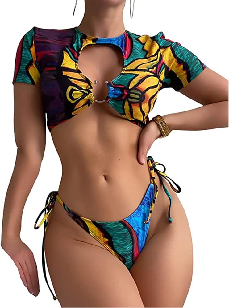 OYOANGLE Women's 2 Piece Swimsuit Graffiti Print Cut Out Ring Linked Bikini Set Tie Side Bathing Suit