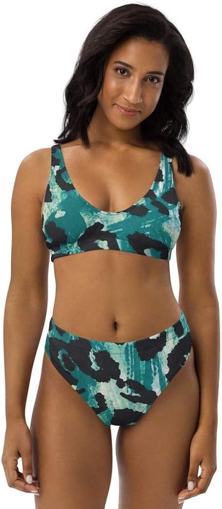 Recycled High Waisted Bikini Set for Women Green Leopard Print