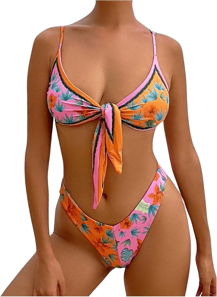 WDIRARA Women's 2 Piece Swimsuits Floral High Cut Tie Front Vacation Bikini Set