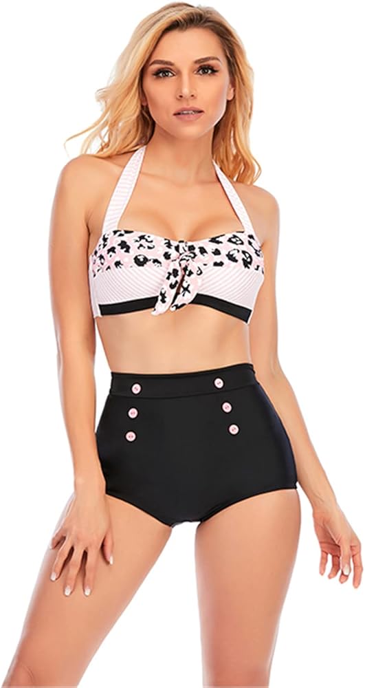 Women Two Piece Bikini Set Cheetah Print Vintage Knot Adjustable Bathing Suit Retro Halter Swimsuit