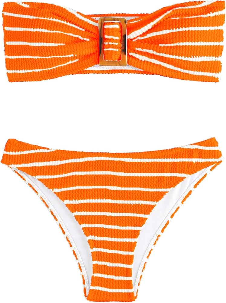 GORGLITTER Women's 2 Piece Strapless Swimsuit Striped Bandeau High Waisted Thong Bikini Set Bathing Suit