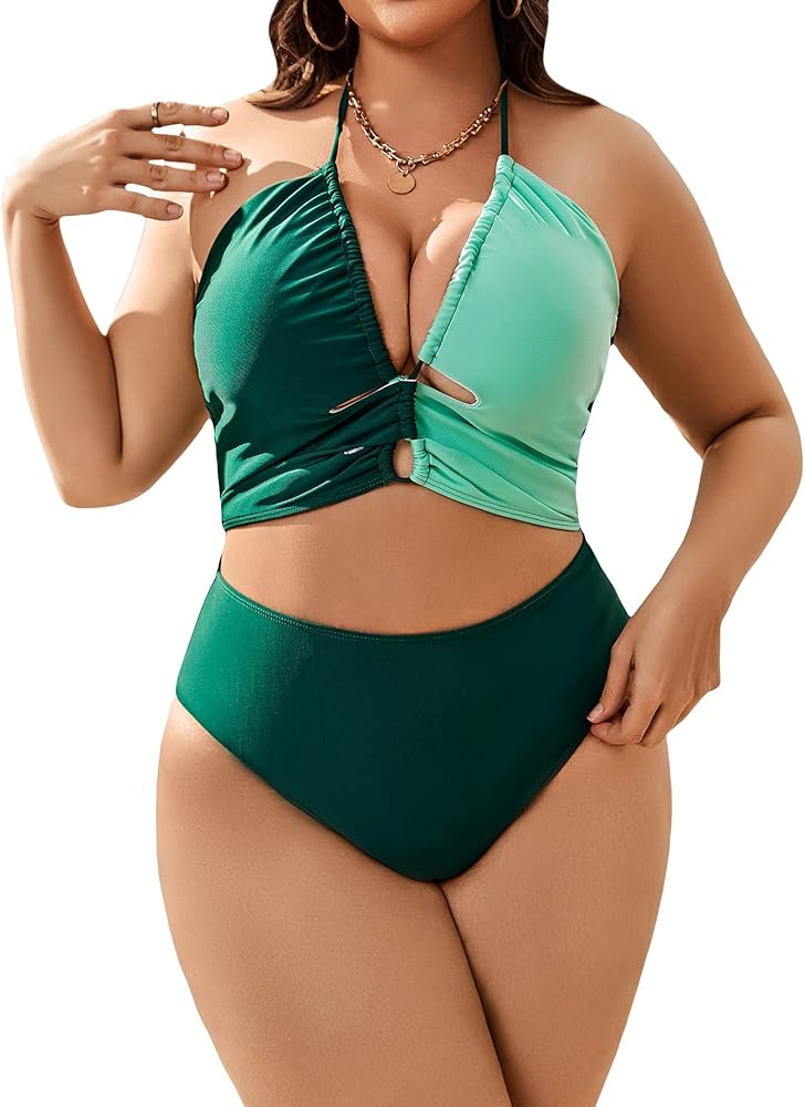 MakeMeChic Women's Plus Size 2 Piece Swimsuit Color Block Ruched Halter High Waisted Bikini Set