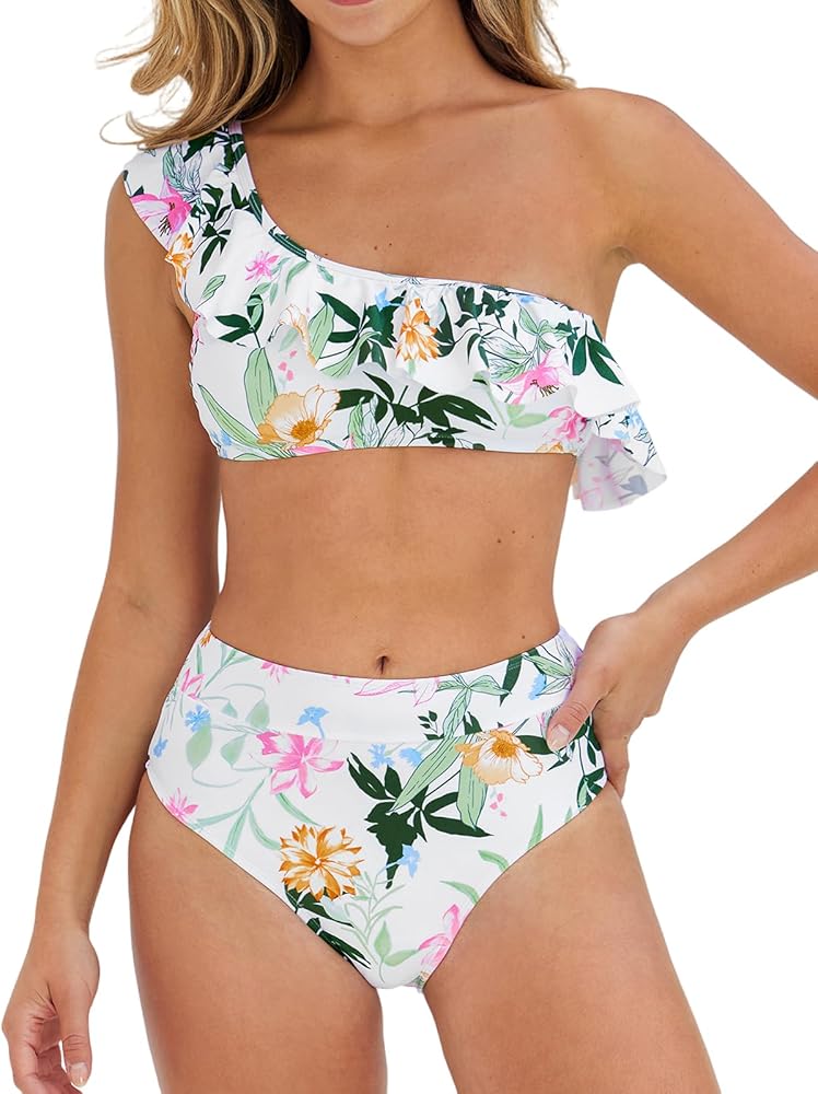 CUPSHE Women's Two Piece Ruffled One Shoulder Floral Bikini Set