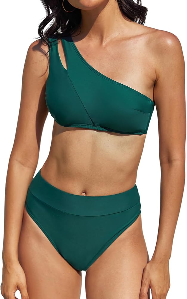 CUPSHE Women's Bikini Set Two Piece Swimsuit One Shoulder Cutout Swimwear Banded High Waisted Bottom