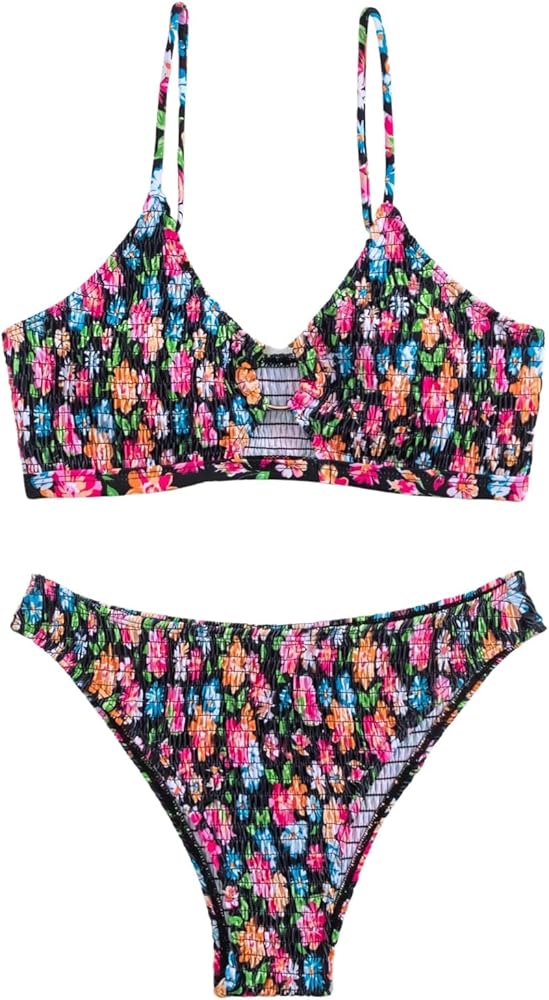 MakeMeChic Women's 2 Piece Bikini Set Floral Print Smocked Ring Linked High Waisted Swimsuit Bathing Suit