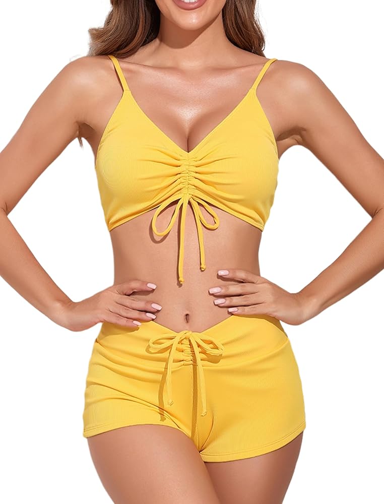 ZAFUL Women's Ruched Bikini Set Tie Front Boy Shorts Swimsuit Ribbed Push Up 2 Piece Bathing Suit