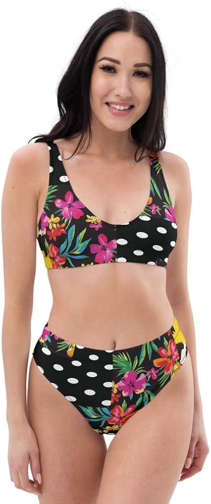 Recycled High Waisted Bikini Set for Women Patchwork Polka Tropical Floral