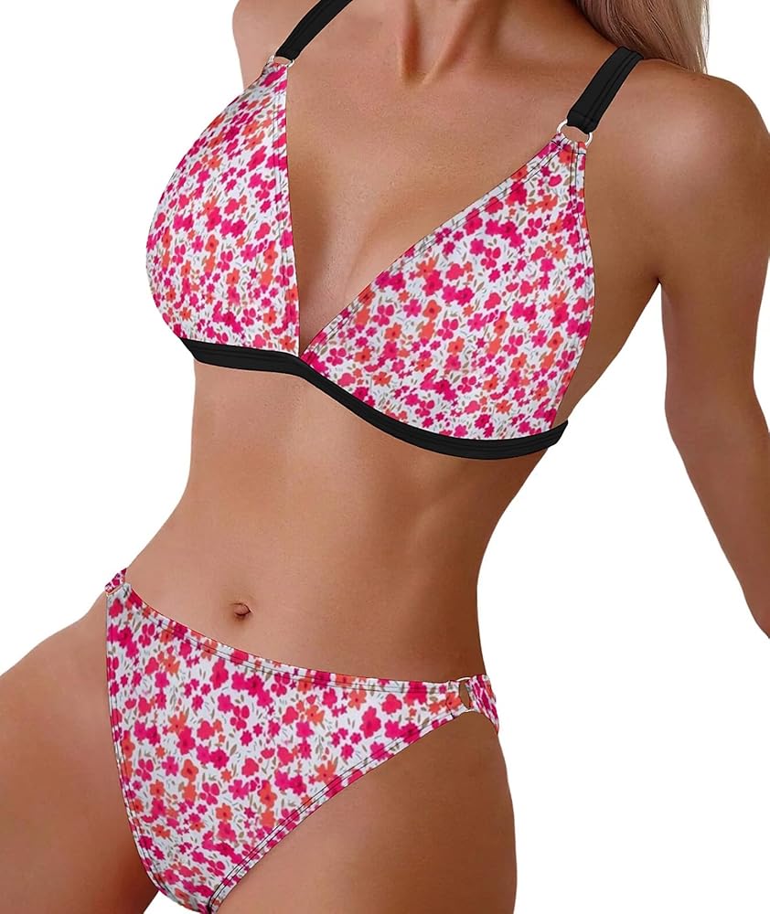 Urchics Womens Cute 2 Piece Set Bikini Ditsy Floral Random Printed Bikini Set with Circular Decor