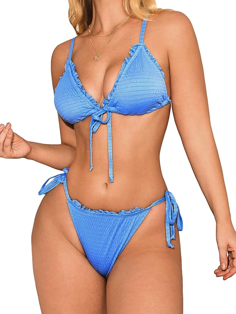 Women's Bikini Swimsuit Set Smocked Ruffle Trim Tie Front Wireless Bathing Suit 2 Piece Tie Side Beachwear