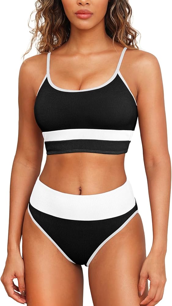 Aqua Eve Women Ribbed Bikini Sets High Waisted Color Block Swimsuit Athletic Two Piece Bathing Suits